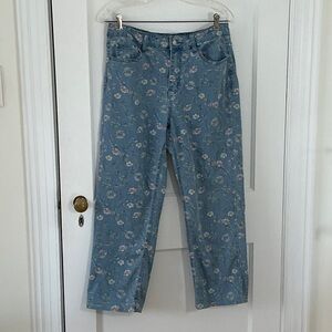 Floral Patterned Blue Women's Straight Leg Fly Front Stretch Denim Jeans, size L